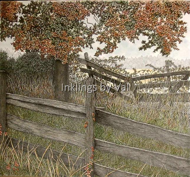 Fences.jpg - 23in x 21 3/4in matted and framed:$1,200USD : \This is one of my more colorful pieces. It was challenging to keep the foreground from laying down and maintaining the three dimensionality all the way back in the picture.